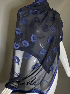 Huge Moschino Silk Scarf Sheer Black Indigo Blue Contrast 25 x 65 Exc Condition